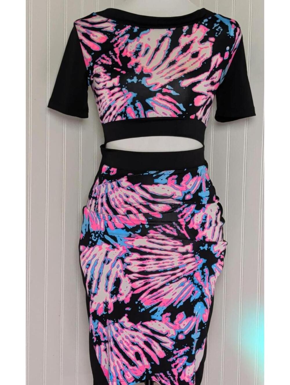 Vintage Y2K Style Cutout Bodycon Dress- Neon Abstract Print (M)